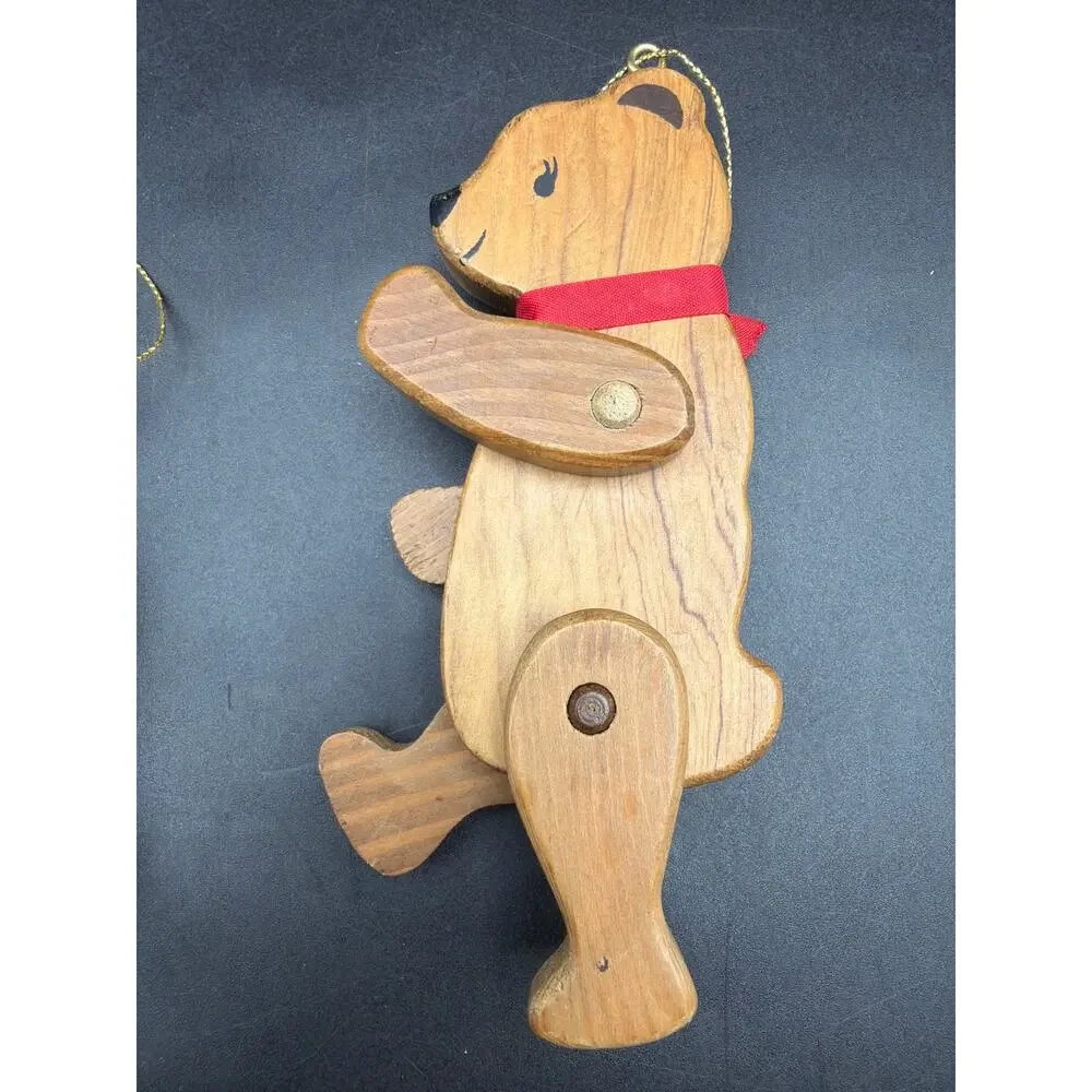 Vintage 1980s Jointed Wooden Teddy Bear Ornaments Set 2 Taiwan 5.5” Poseable